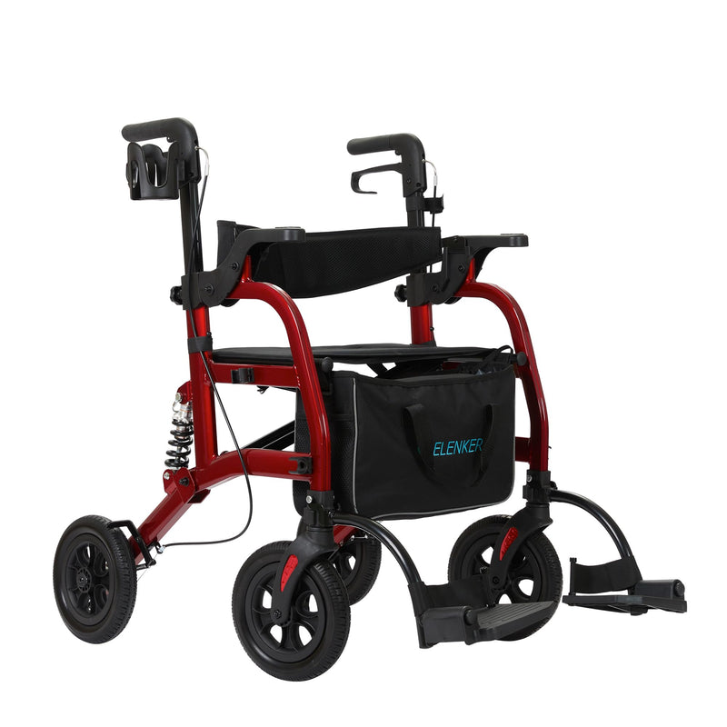 ELENKER Rollator Walker Transport Wheelchair Combo with Shock Absorber, 2 in 1 Rolling Walker with Seat, All Terrain Wheels for Seniors, Red
