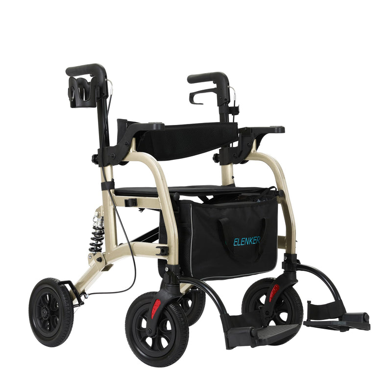 ELENKER Rollator Walker Transport Wheelchair Combo with Shock Absorber, 2 in 1 Rolling Walker with Seat, All Terrain Wheels for Seniors, Red