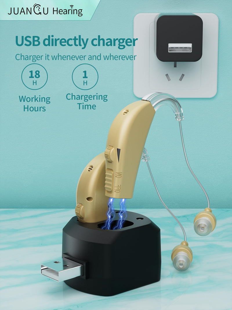 JUANGU Hearing Aids Rechargeable OTC BTE Hearing Amplifiers for Seniors with DSP Processing System Noise Reduction Volume Control Invisible Design (Beige)
