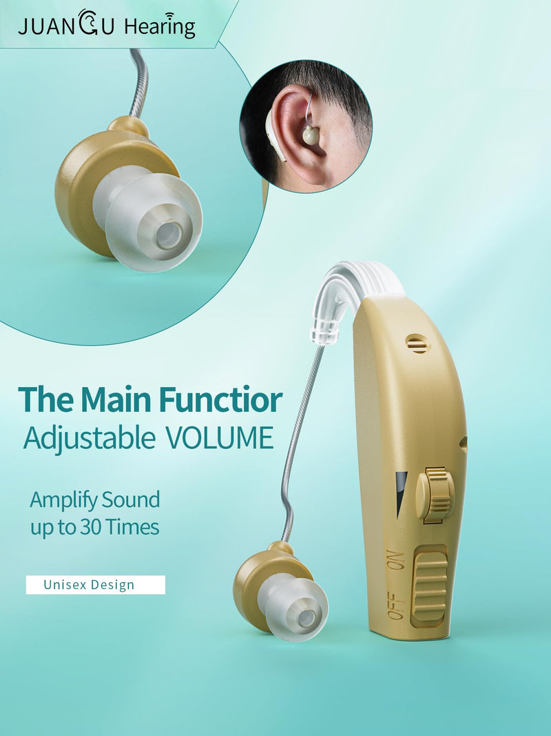 JUANGU Hearing Aids Rechargeable OTC BTE Hearing Amplifiers for Seniors with DSP Processing System Noise Reduction Volume Control Invisible Design (Beige)