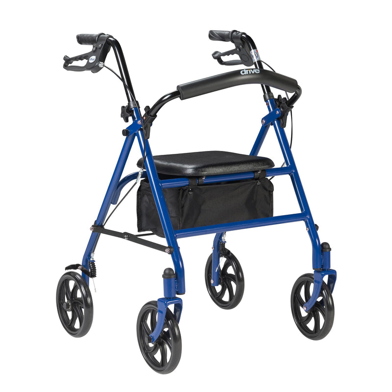 Drive Medical 10257BL-1 4 Wheel Rollator Walker With Seat, Steel Rolling Walker, Height Adjustable, 7.5" Wheels, Removable Back Support, 300 Pound Weight Capacity, Blue