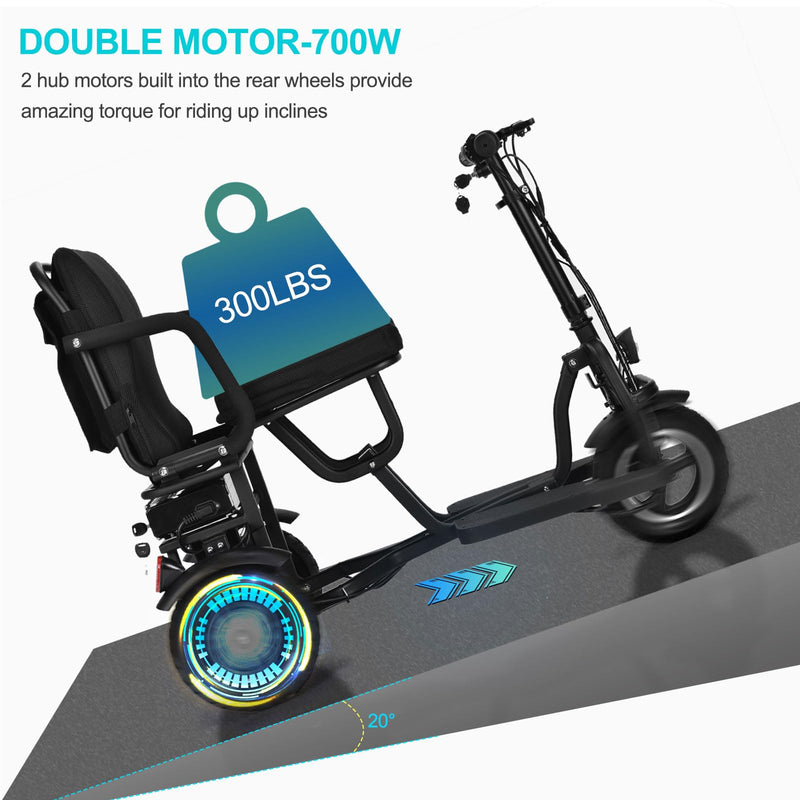 MotoTec Folding Mobility Electric Trike 48v 700w Dual Motor Lithium Black, 42x22x33 Inch, MT-FOLD-TRK-700