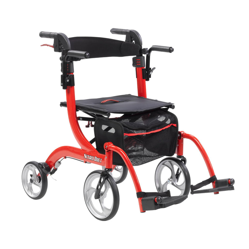 Drive Medical Nitro Dual Function Transport Wheelchair and Rollator Rolling Walker Combo with Hand Activated Brakes and Back Support, Red