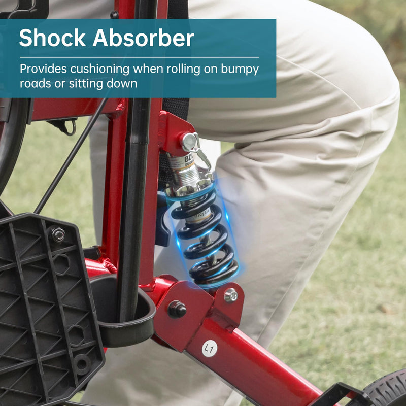 ELENKER Rollator Walker Transport Wheelchair Combo with Shock Absorber, 2 in 1 Rolling Walker with Seat, All Terrain Wheels for Seniors, Red
