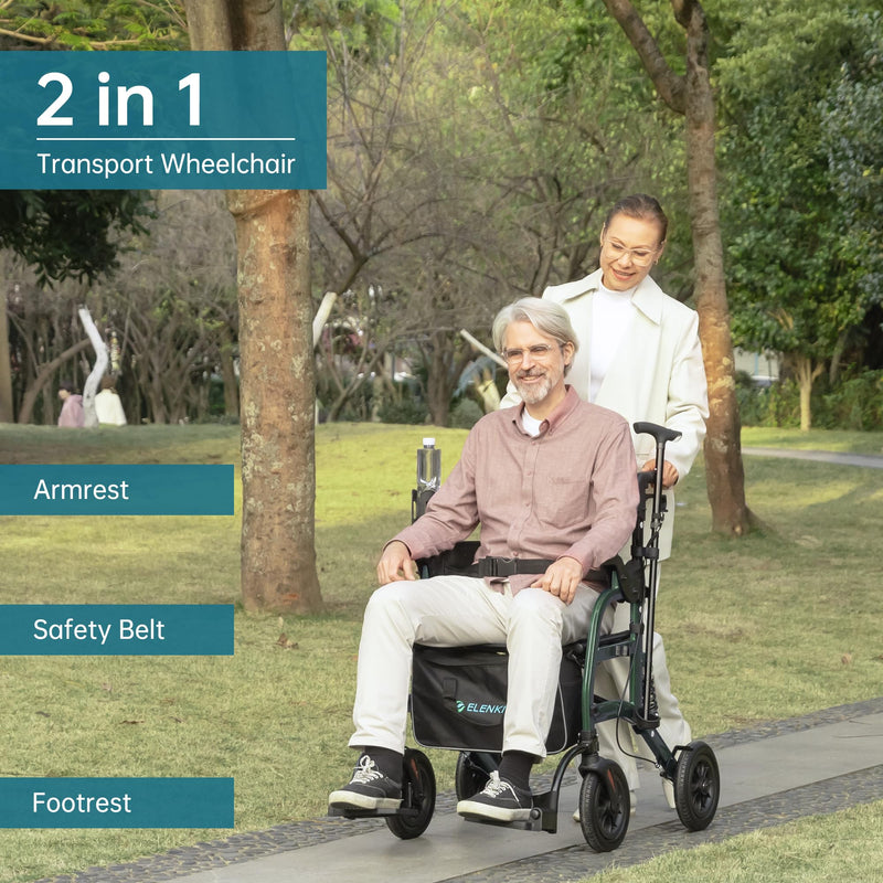 ELENKER Rollator Walker Transport Wheelchair Combo with Shock Absorber, 2 in 1 Rolling Walker with Seat, All Terrain Wheels for Seniors, Red