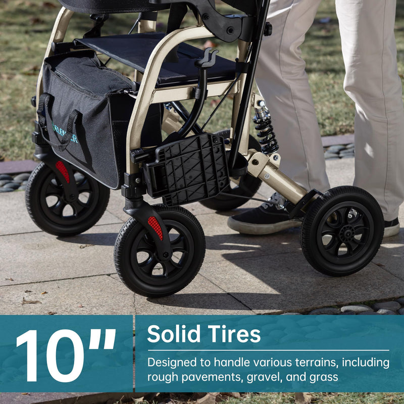 ELENKER Rollator Walker Transport Wheelchair Combo with Shock Absorber, 2 in 1 Rolling Walker with Seat, All Terrain Wheels for Seniors, Red