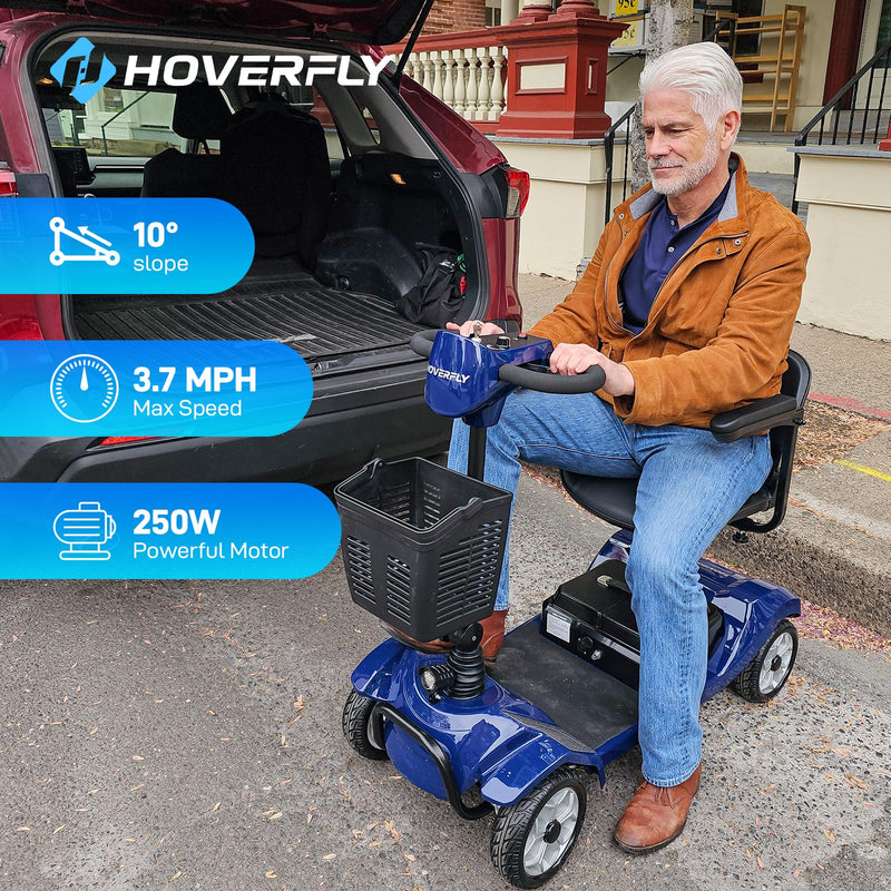 Hoverfly T4 Mobility Scooter, 4-Wheel Mobility Scooter for Adults - 12.4 Miles Range, 3.7 mph, Smart Safety Features, Removed Battery, Rotating Swivel Seat, Headlight, Basket, Charger Included Blue